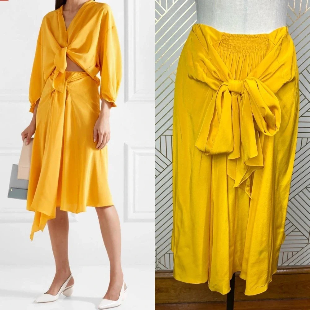 Tome Bow Tie‎ Front Midi Silk Skirt in Marigold Yellow Size US Large